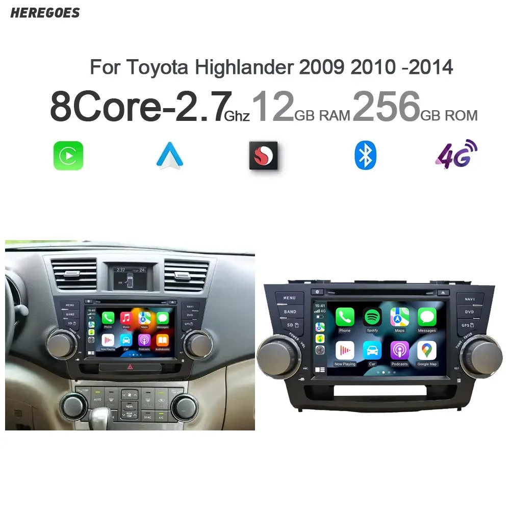 8 "اللاسلكية Carplay أندرويد 14.0 12G + 256G 8Core GPS مشغل راديو السيارة الوسائط المتعددة واي فاي لتويوتا هايلاندر 2009 2010 -2014