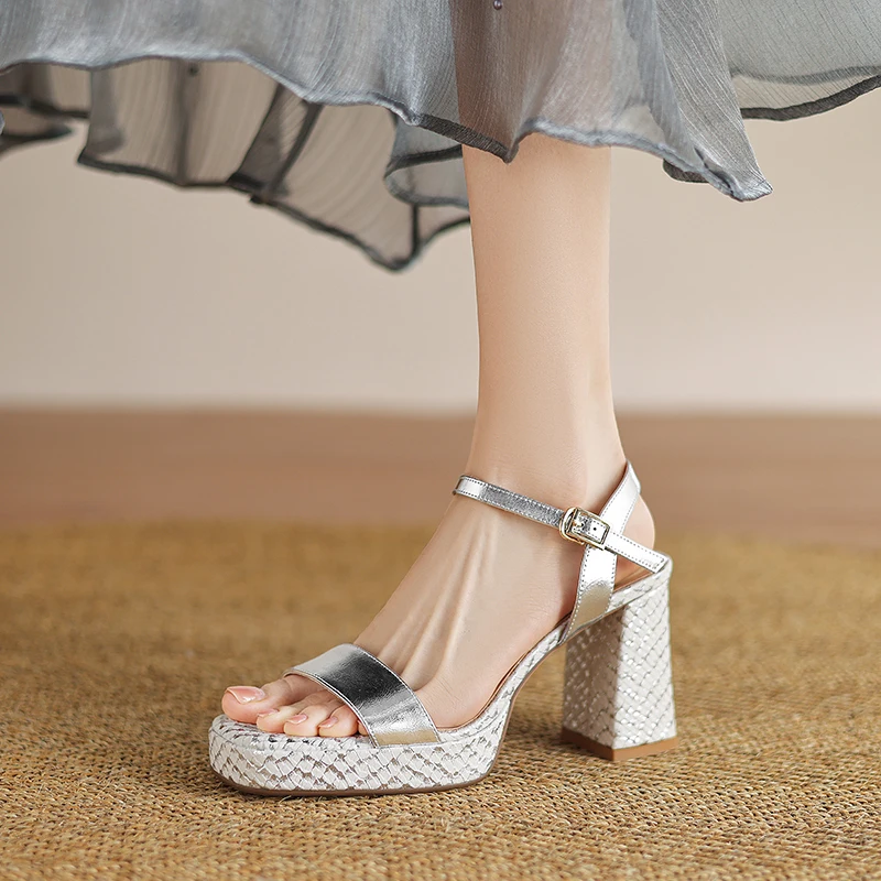 

Handmade Genuine Leather Women pumps platform sandals Summer Silver Shoes Fashion Heeled Sandals