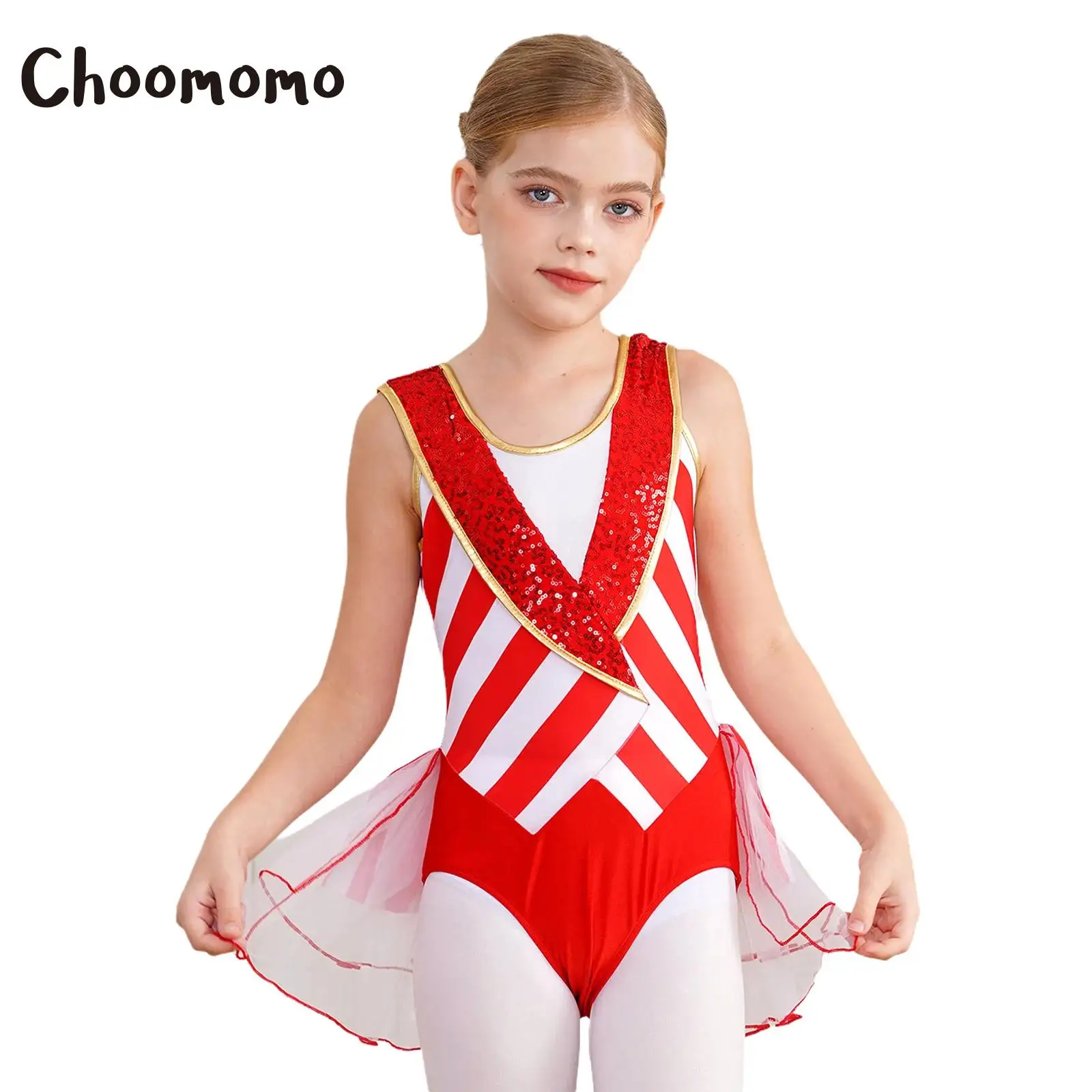 Kids Girls Sequins Candy Cane Christmas Costume Sleeveless Santa Sweetie Xmas Dance Gymnastics Leotards Dress for Holiday Party