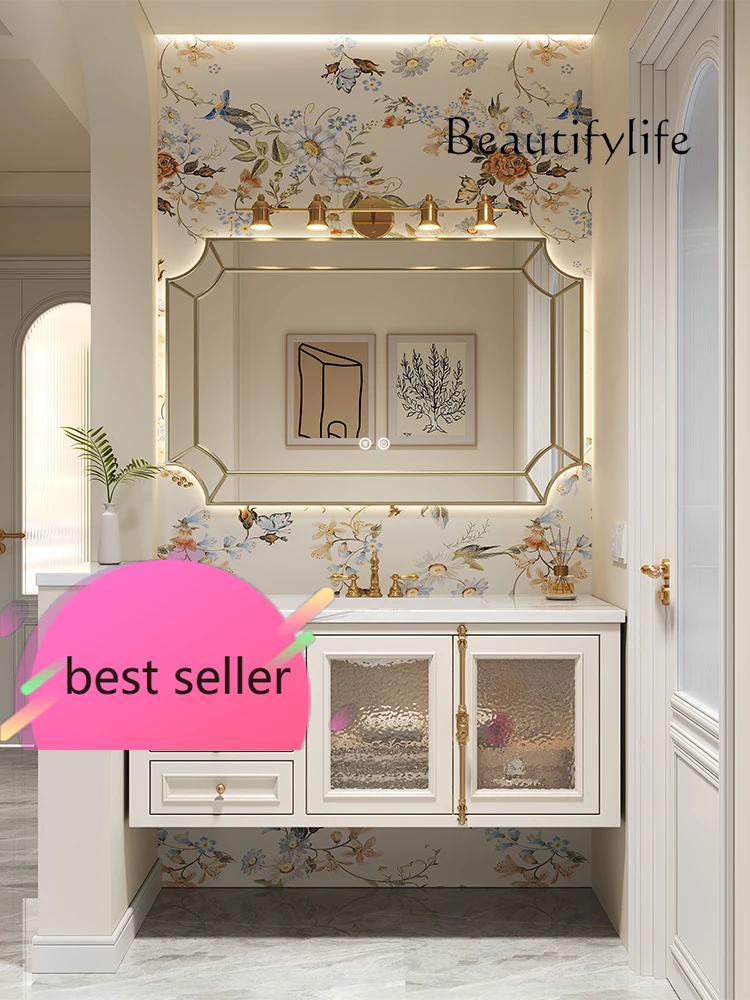 NEW French light luxury oak bathroom cabinet ceramic integrated basin rock slab seamless basin combination washstand