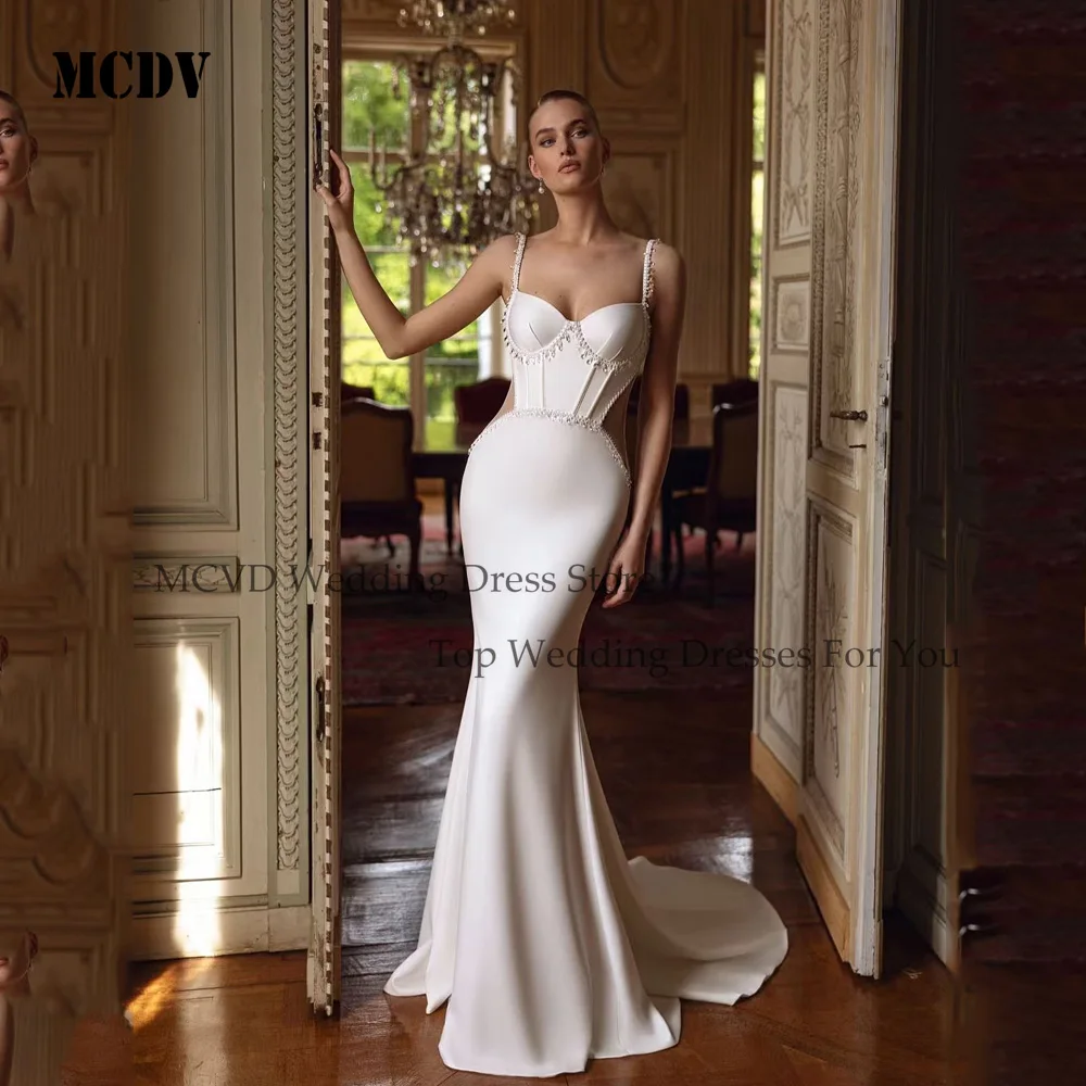 

MCDV Customized Elegant Satin 2 In 1 Mermaid Wedding Dresses Crystals Trumpet Bridal Dresses Removable Train vestidos de novia