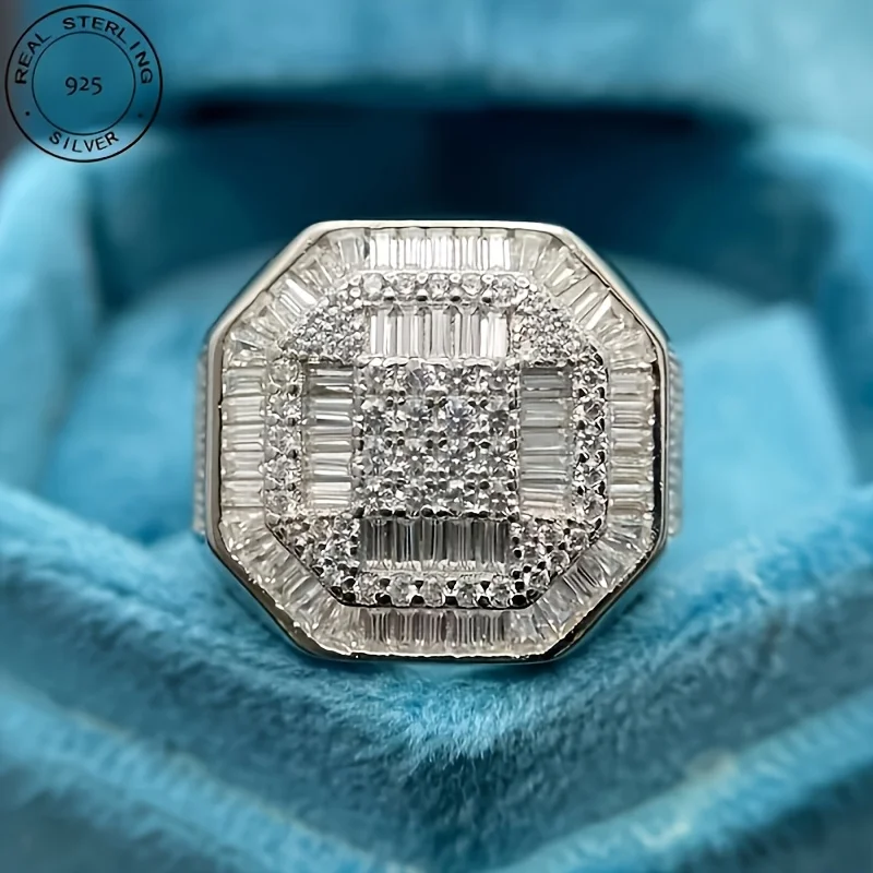 

Mens Iced Out Baguette Octagon Pinky Ring 925 Sterling Silver Zircon Inlaid Hip Hop Rings Wedding Engagement Fine Jewelry
