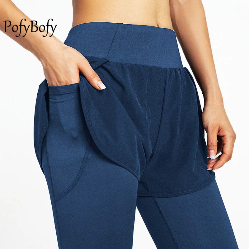 PofyBofy Side Pocket Widen Waistband Fake Two Piece Women Seamless Leggings High Waist Tummy Control Fitness Yoga Running Pants