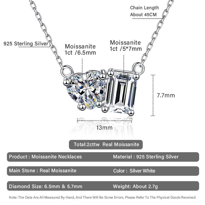 Real 2cttw Square Emerald Cut Moissanite Pendants Necklaces For Women 925 Silver Sparkling Heart Diamond Necklace Luxury Jewelry