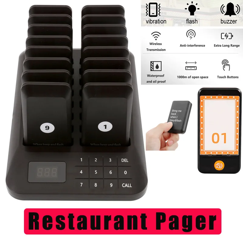 Wireless Restaurant Pager with 16pcs Beeper - Style 2 Queue Paging Calling System Flash Ring Buzzer for Coffee Dessert Shop Food