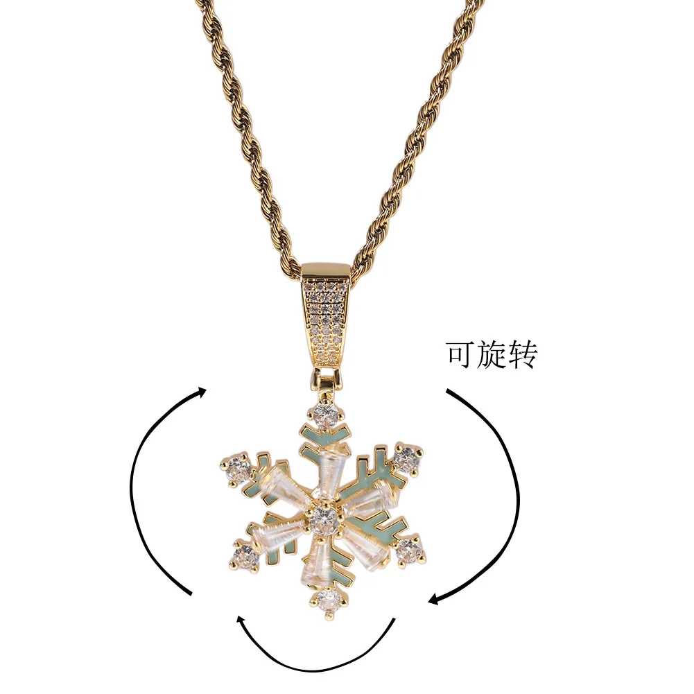 

Winter Rotating Snowflake Glow Night Iced Out Bling Pendant Necklace Mirco Pave Prong Setting Fashion Hip Hop Jewelry BP219