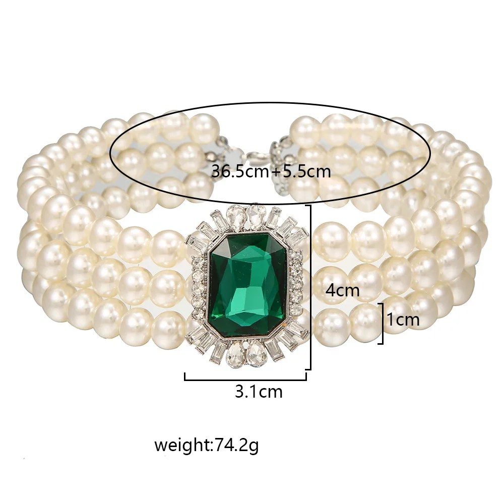 Luxury Small Dog Necklace with Emerald Diamond Luxury Dog Cat 3 Row Pearl Collar for Puppy Wedding Jewelry Costume Accessories