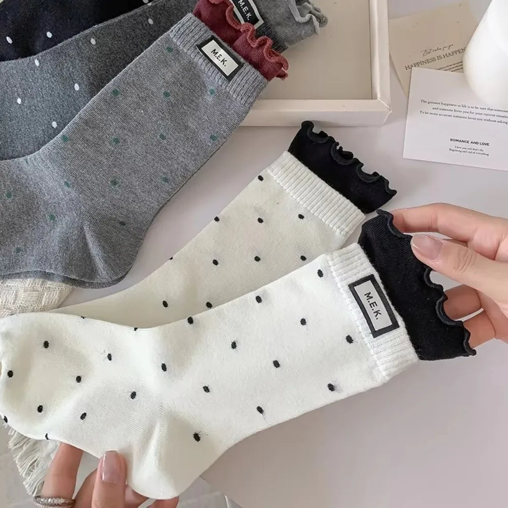 New Polka Dot Frilly Socks Preppy Style Comfortable Long Socks Breathable Soft Cotton Socks Women