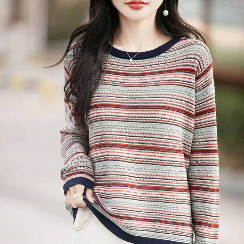 Women's Spring and Autumn New Cotton Sweater Long Sleeve Round Neck Knitted Sweater Top