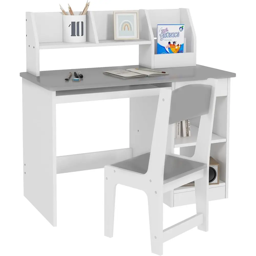 

Gray Storage Kids Desk and Chair Set, Ideal for 5-8 Year Olds, Study Furniture