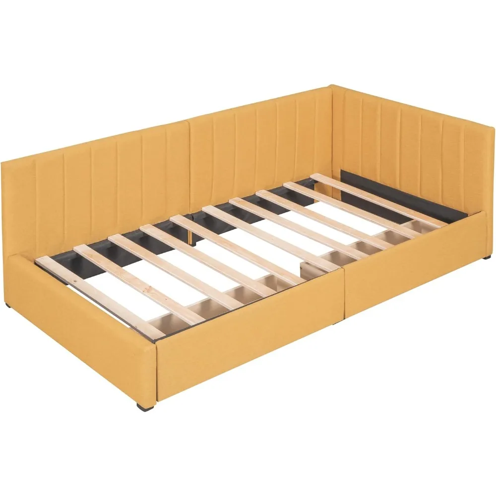 Espreguiçadeira de tamanho duplo, sofá-cama duplo estofado com 2 gavetas de armazenamento, estrutura de sofá-cama de tamanho duplo de tecido de linho, sem necessidade de molas