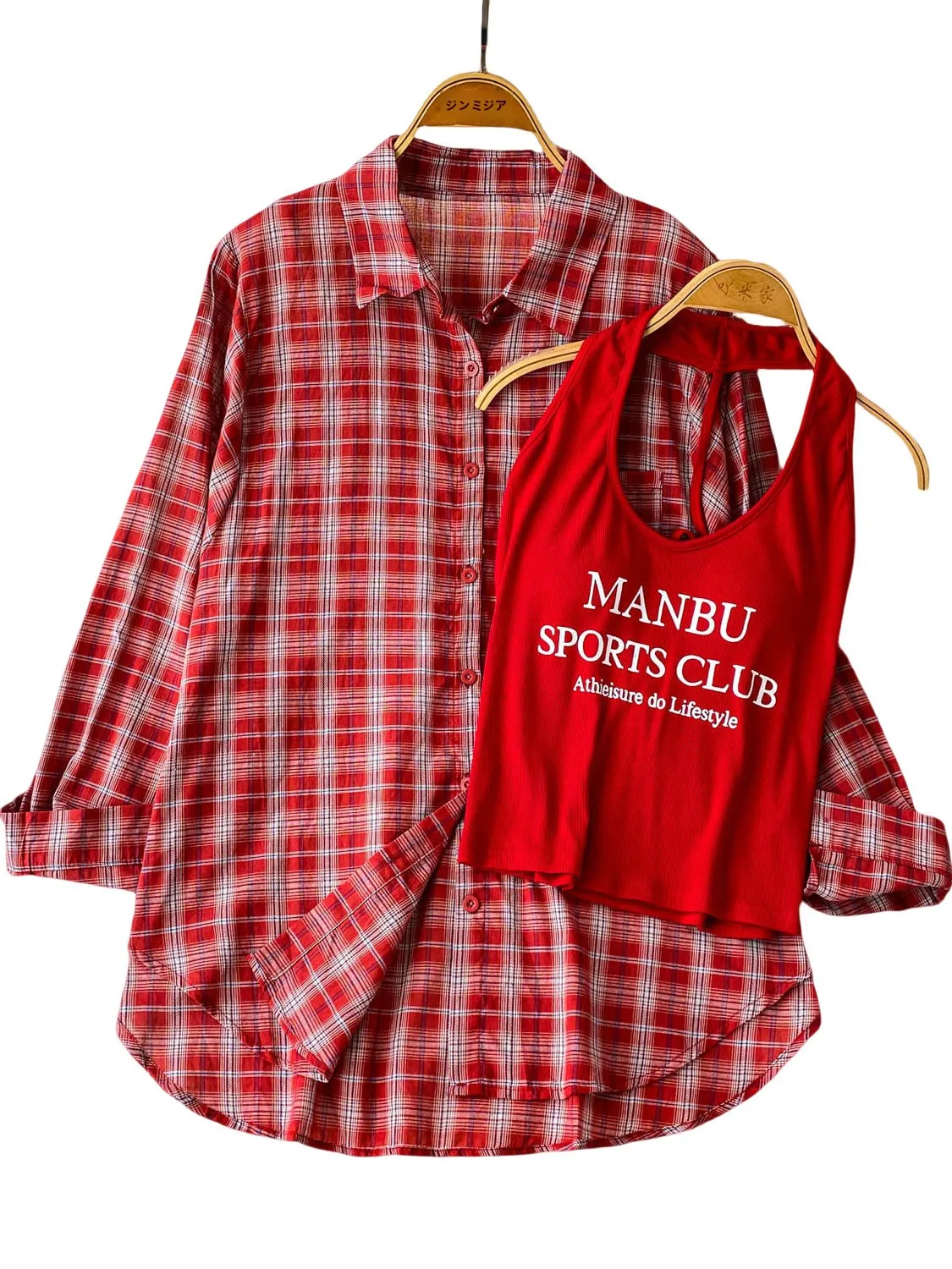 Korean Sle Loose Long Sve Sun Protection Coat Women's Autumn Red Plaid Turn-down Collar Outerwear + Inner Strap Set