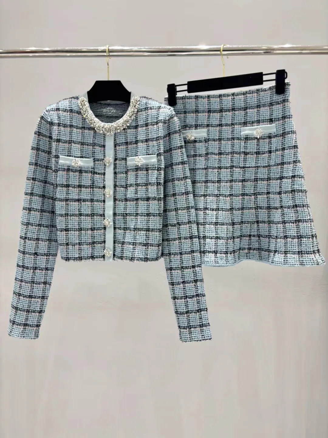 

Rhinestone Decoration Women Plaid Knit Set O-Neck Single Breasted Long Sleeves Cardigan Top or Lady A-Line Mini Skirt