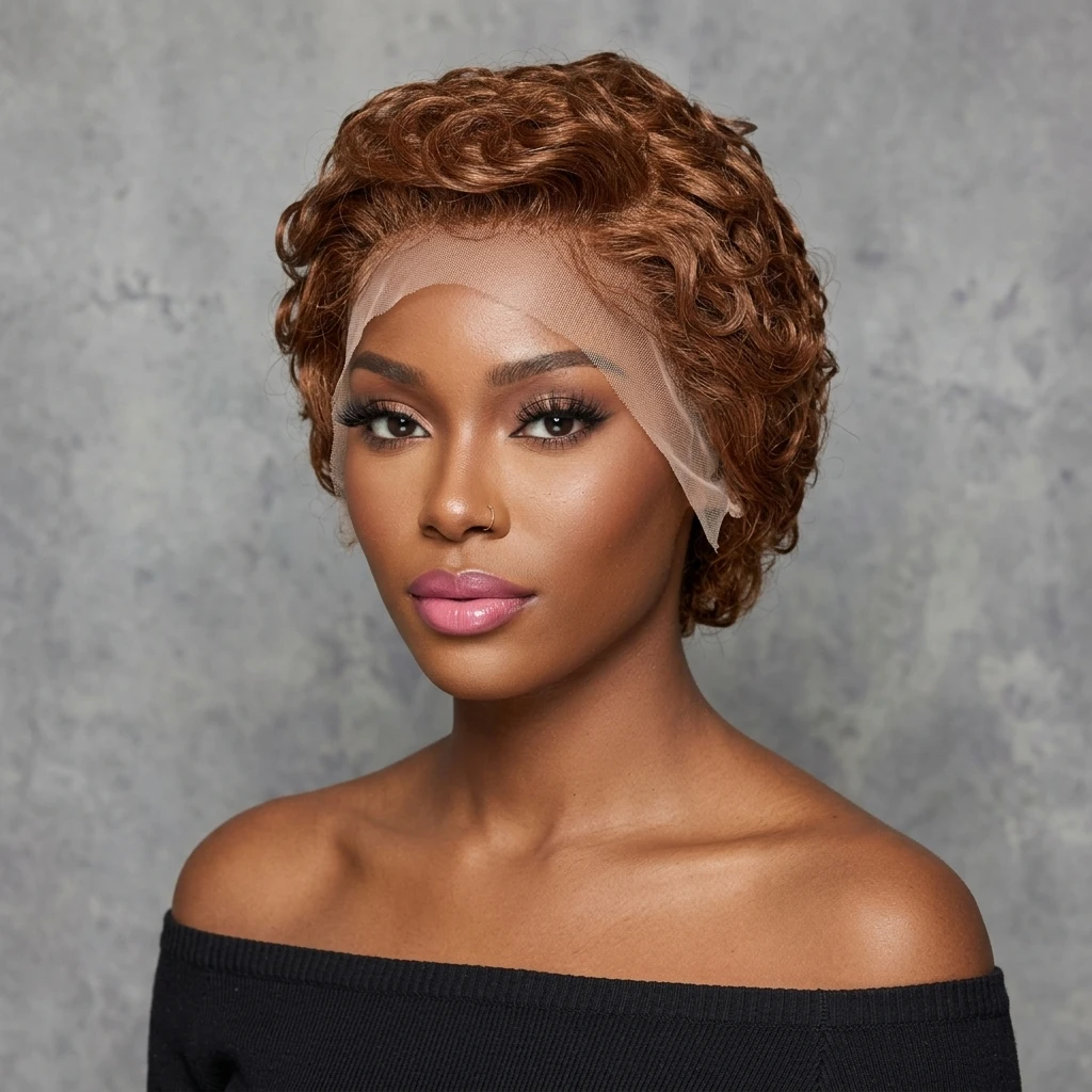 # Peruca Frontal Transparente 13x4 de Cabelo Humano Remy Castanho com Ondas Tiwa, Ondas Chioma e Corte Pixie