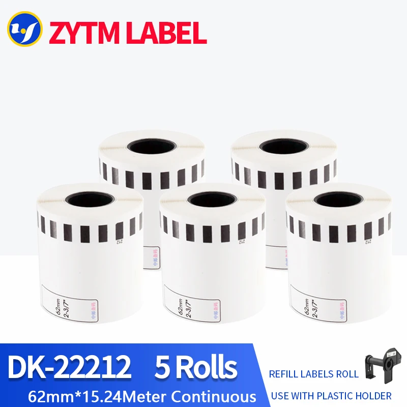 

5 Refill Rolls Generic DK-22212 Synthetic Paper Label 62mm*15.24M Continuous Compatible for Brother Thermal Printer DK-2212