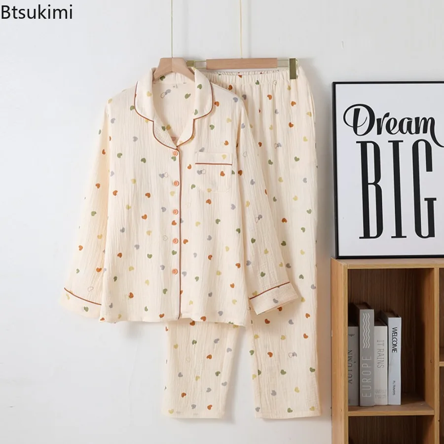 2025Women's Casual Soft Pajamas Set Heart Printed Cotton Turn-down Collar Long Sleeve Tops and Pant Sets for Sleepwear Household