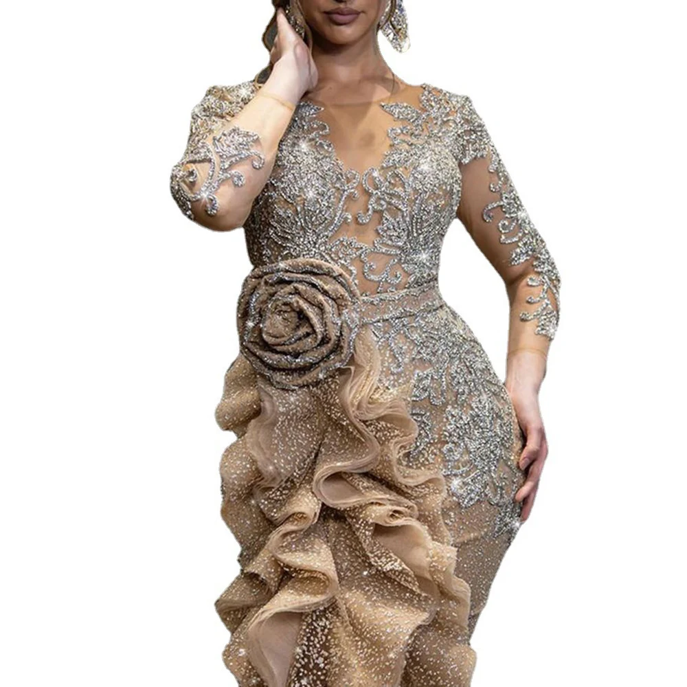 Robe de soirée élégante et luxueuse à paillettes dorées pour femmes, manches transparentes, col rond, volants irréguliers, Sexy, fente haute, robes Maxi de mariage