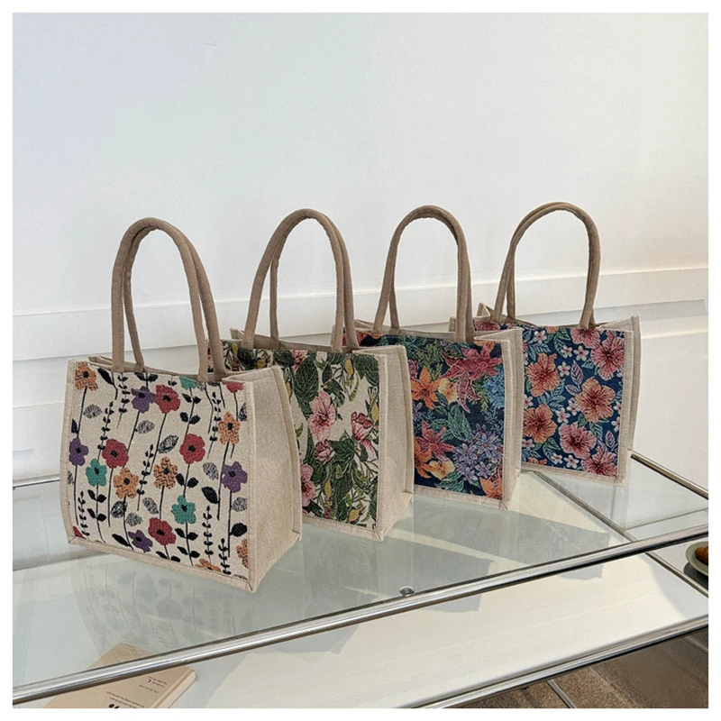 Fashion Floral Print Tote Bag Large Capacity Shopping Lunch Bag For Women Floral Print Canvas Shoulder Bag Big Shopper Bags