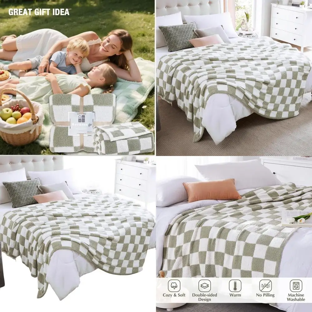 

Sage Green Checkered Plush Throw Blanket, 90x108, Cozy & Lightweight for Couch, Sofa, Bed, Outdoors