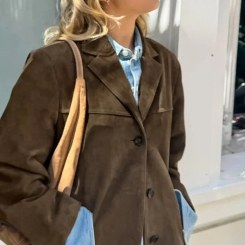 

Autumn Winter New Fashion Turn-down Collar Long Sleeve Solid Color Suede Velvet Blazer Women's Clothing Korean Button Chic Tops