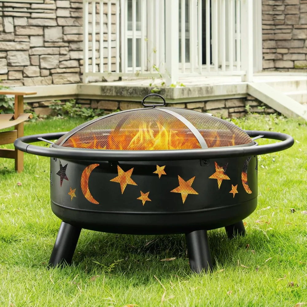 

38 Inch Round Fire Pit with Mesh Cover, Fire Poker, Star and Moon Design, Metal Wood Burning Outdoor Firepit for Patio, Backyard