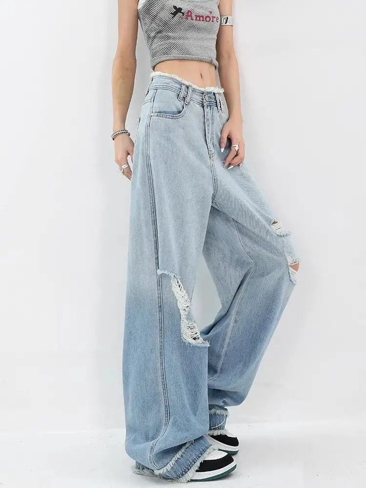 

Women Y2K Frayed Edge Denim Pants Retro Blue Gradient Washed Ripped Jeans High Waist Loose Fit Floor Length Pants for Streetwear