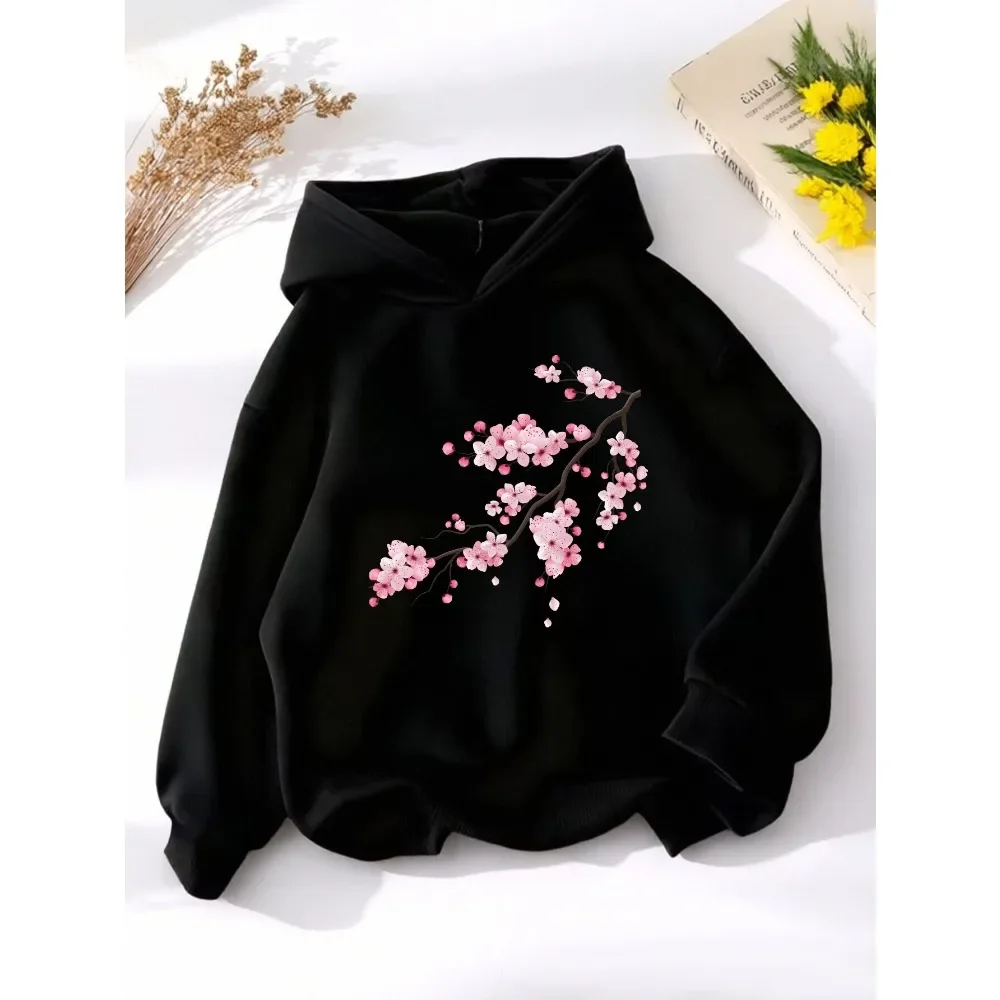 Plum Blossom Flower Branch Printing Casual and Comfortable Hooded Sweater Elegant Style Children's Long-sleeved Pullover