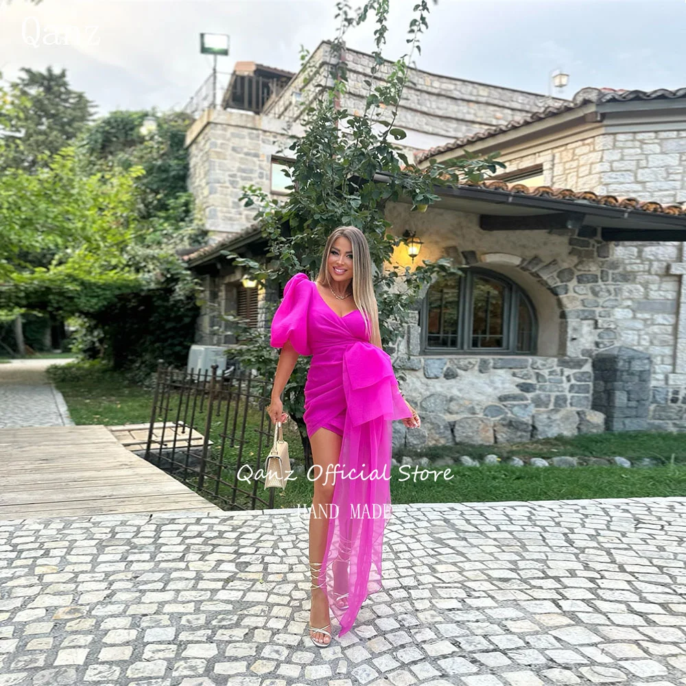 

Qanz Fuchsia One Shoulder Short Party Dresses Organza Mini Prom Dress Sexy Dresses for wedding Guests For Women Customized