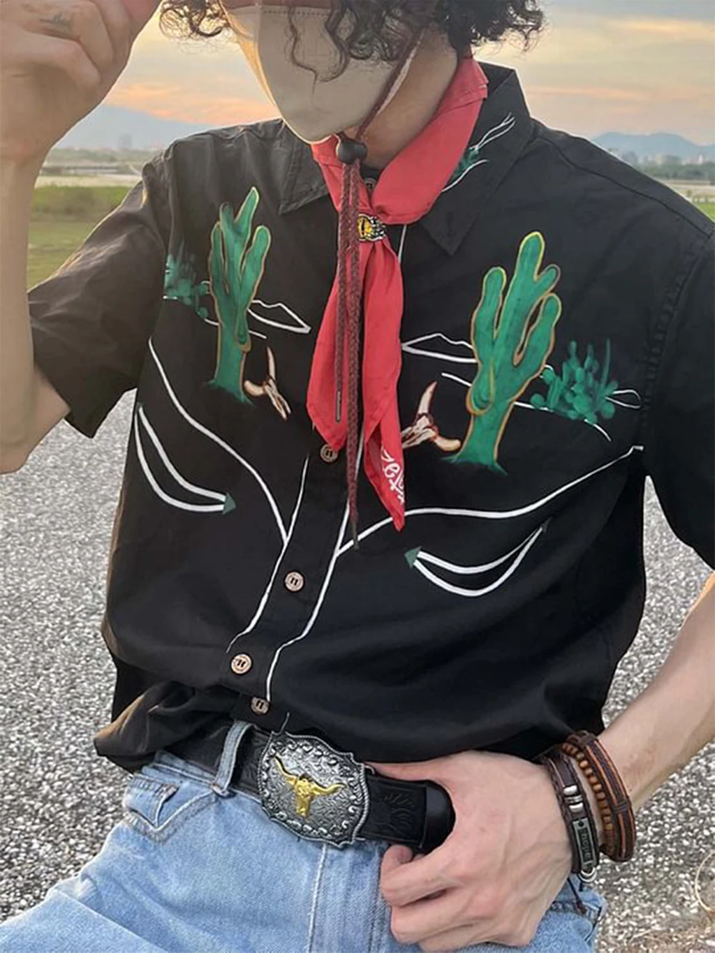 

2025 летняя модная новая мужская одежда, большой топ в стиле Уэно с 3D-принтом кактуса для спортивных и повседневных мужских рубашек