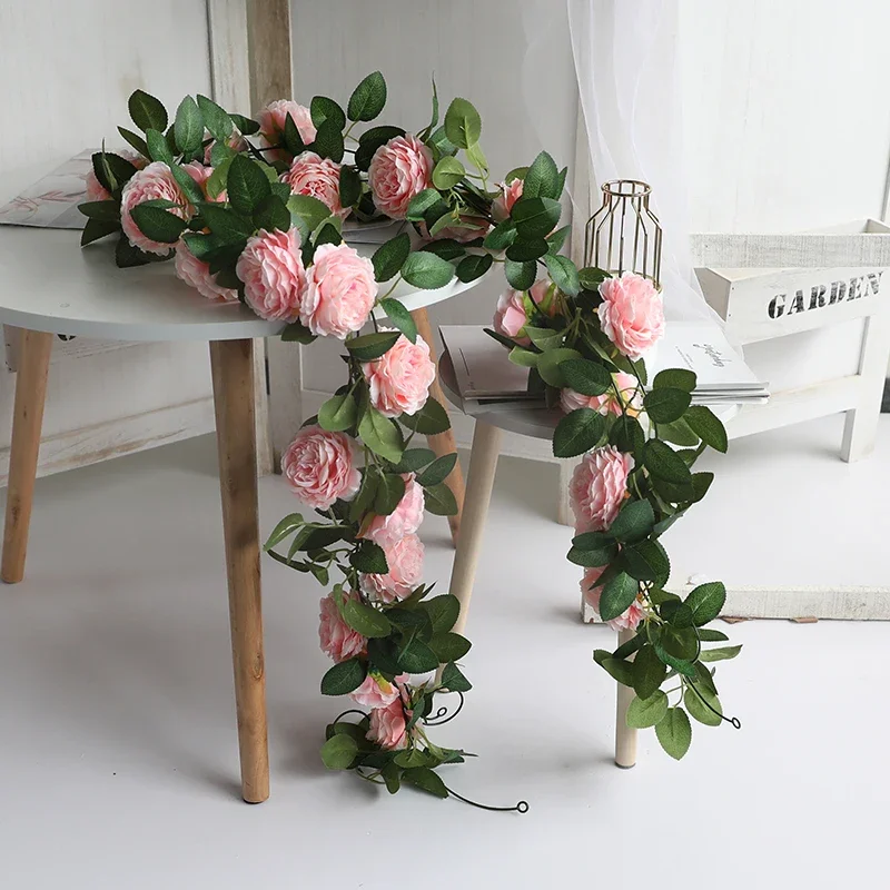 

Pink Silk Peony Rose Flower Rattan Artificial Ivy Rattan Wedding Party Wall Hanging Garland Home Garden Decoration Green Plants