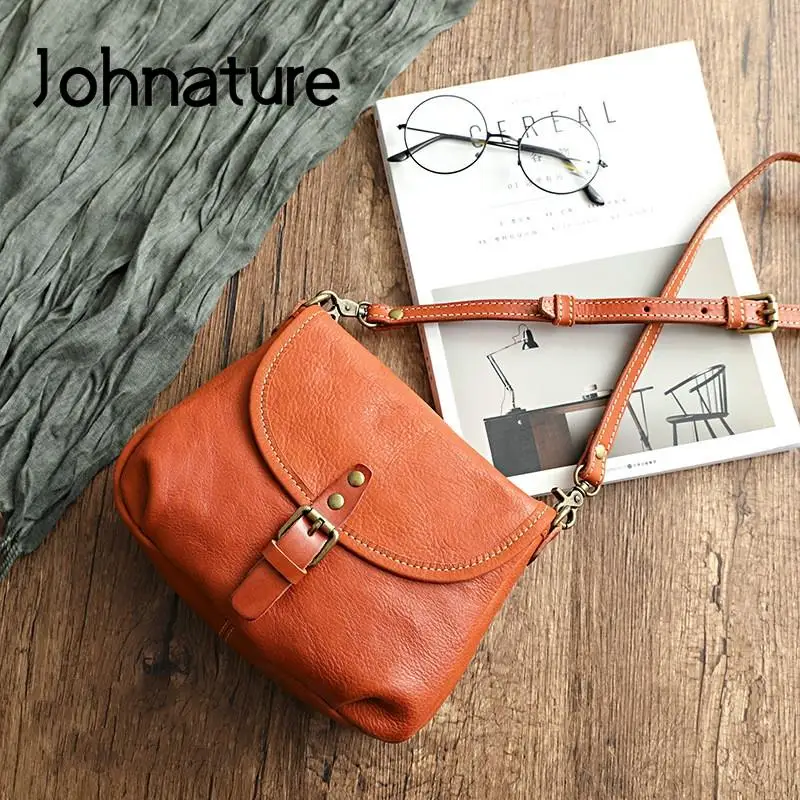 Johnature Retro Genuine Leather Women Summer Small Bag 2024 New Simple Leisure Nature Cowhide Female Shoulder & Crossbody Bags