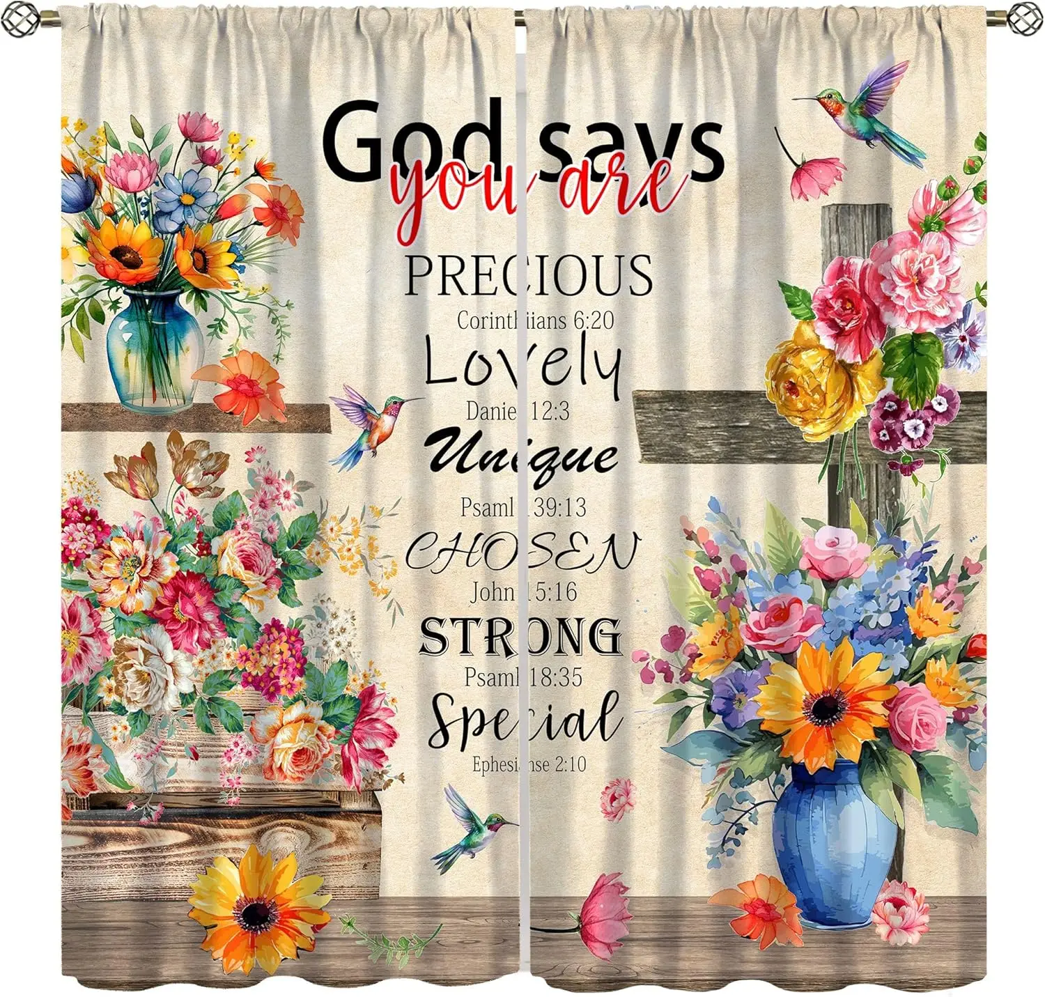 Birds Bible Verse Kitchen Curtains, Christian Rustic Flower Cross Scripture Quote Hummingbird Window Drapes for Bedroom