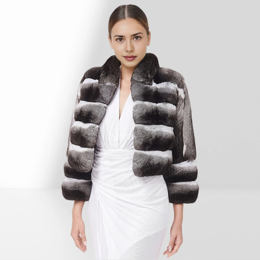 Elegant Chinchilla Fur Jacket Short Real Rex Rabbit Fur Coat With Collar Women's Short Fur Coat Fashion Luxury Leather Jackets