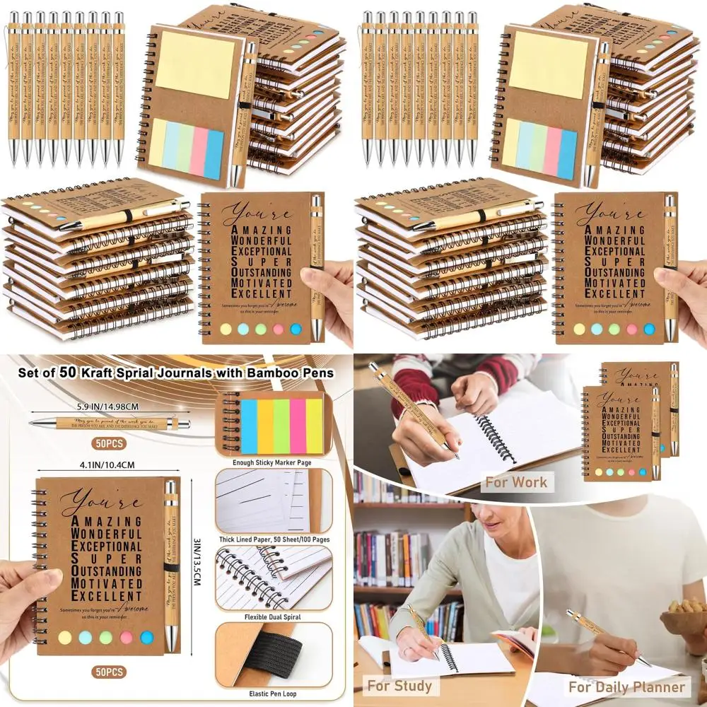 

Массовые бамбуковые блокноты со спиральным переплетом и липкими заметками — мотивационные подарки для персонала, учителей, медсестер и волонтеров (50 комплектов)