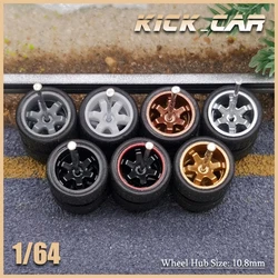 Kicarmod 1/64 Wheels With Rubber Tires 6-Spoke Hub Detail-up Modified Kit for 1:64 Hotwheels Model Car Toy Wheel Kit 5 Sets