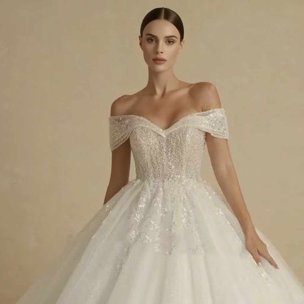 

Luxury Wedding Dress Off the Shoulder Beaded Court Train Princess Bride Gown Vestido de Noiva Customized