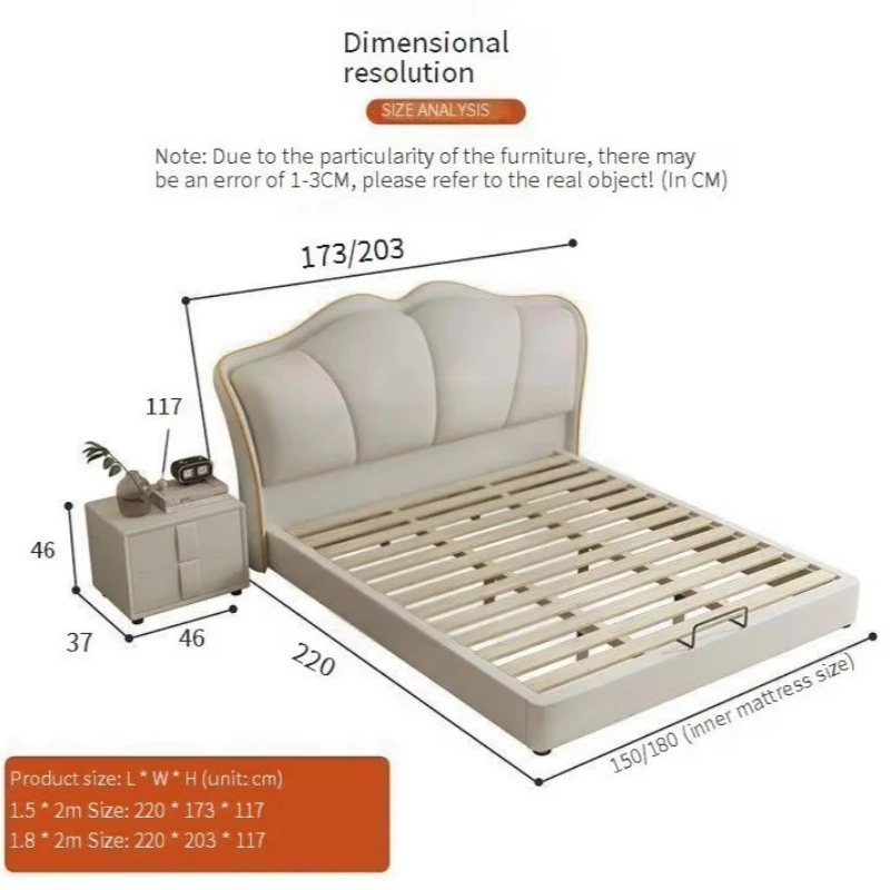 Italian Minimalist Cream Cloud Upholstered Leather Bed Frame, Modern French Soft Double Bed for Small Master Bedroom Furniture