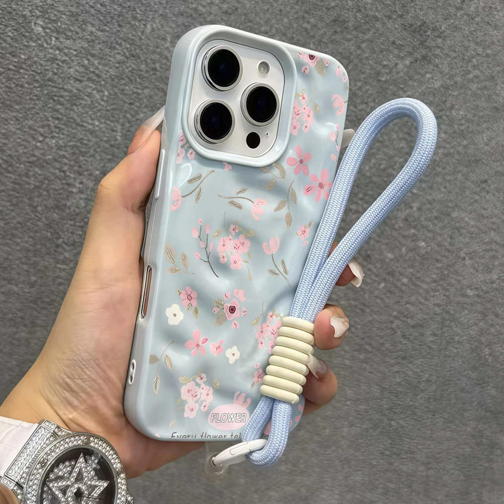 Wildblumen und Unkraut Falten-Silikon-Handyhülle für iPhone 17 15 13 11 12 14 16 17 Pro Max 14 Plus 17Air mit Lanyard-Abdeckung – Detail 5