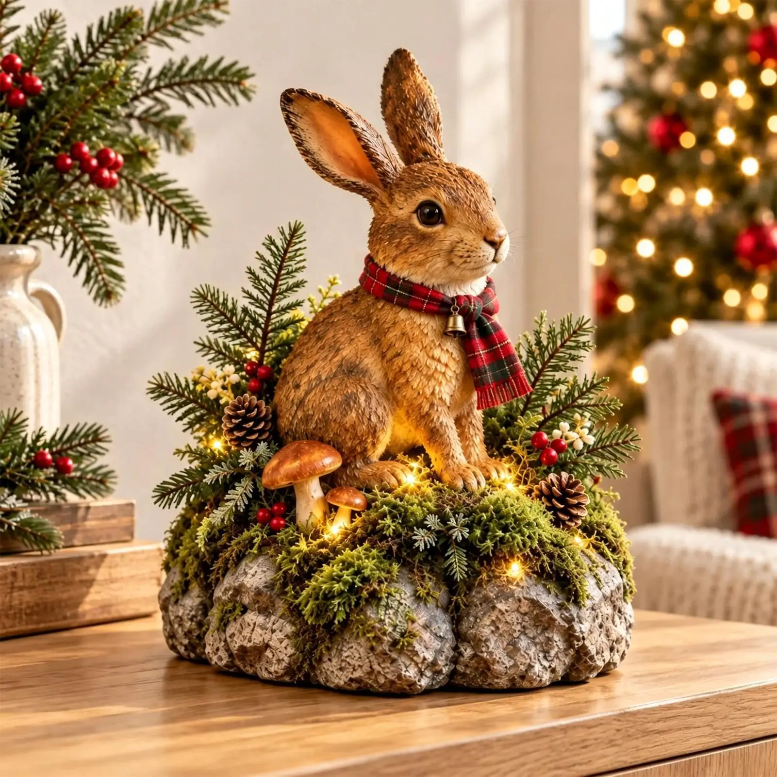 Glowing LED Lighted Holiday Bunny Sculpture Resin Art Sculpture Winter Decor for Home Living Room Fireplace Bookshelf