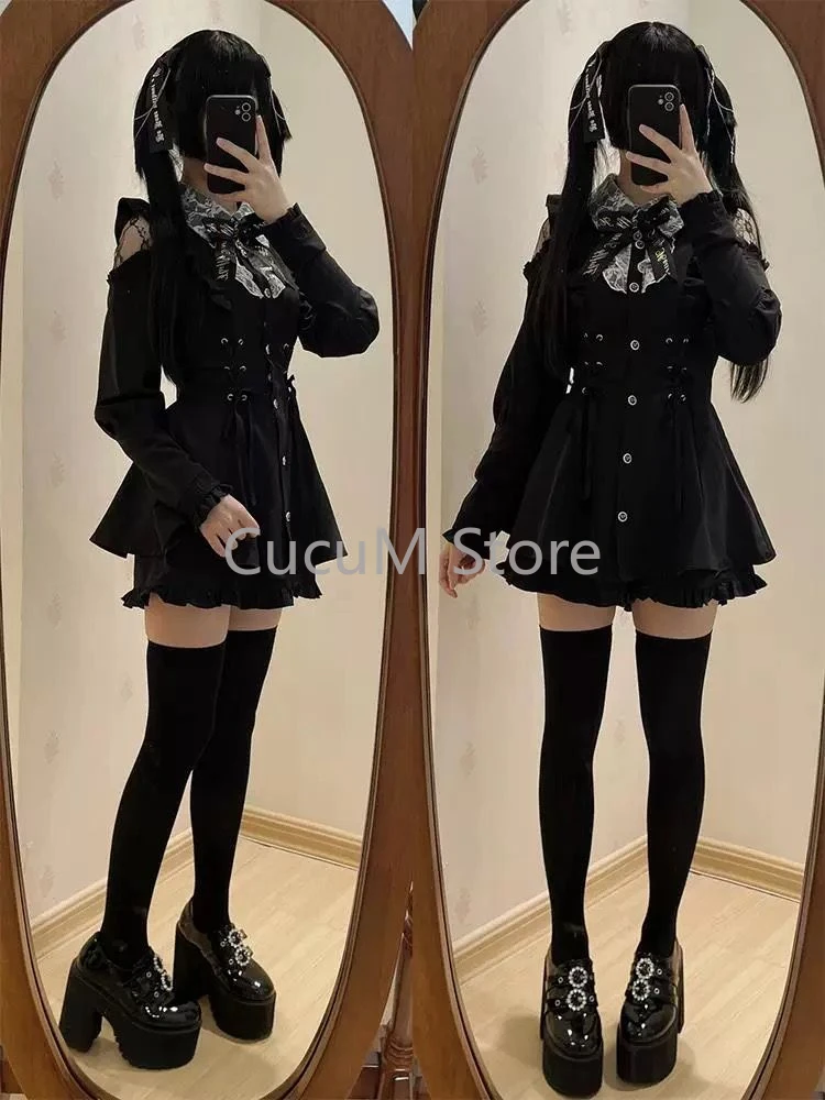 Harajuku Sweet Lace Patchwork Slim Fit Dresses+ Y2k High Waist Ruffles Shorts for Women 2024 Autumn New Two Piece Sets