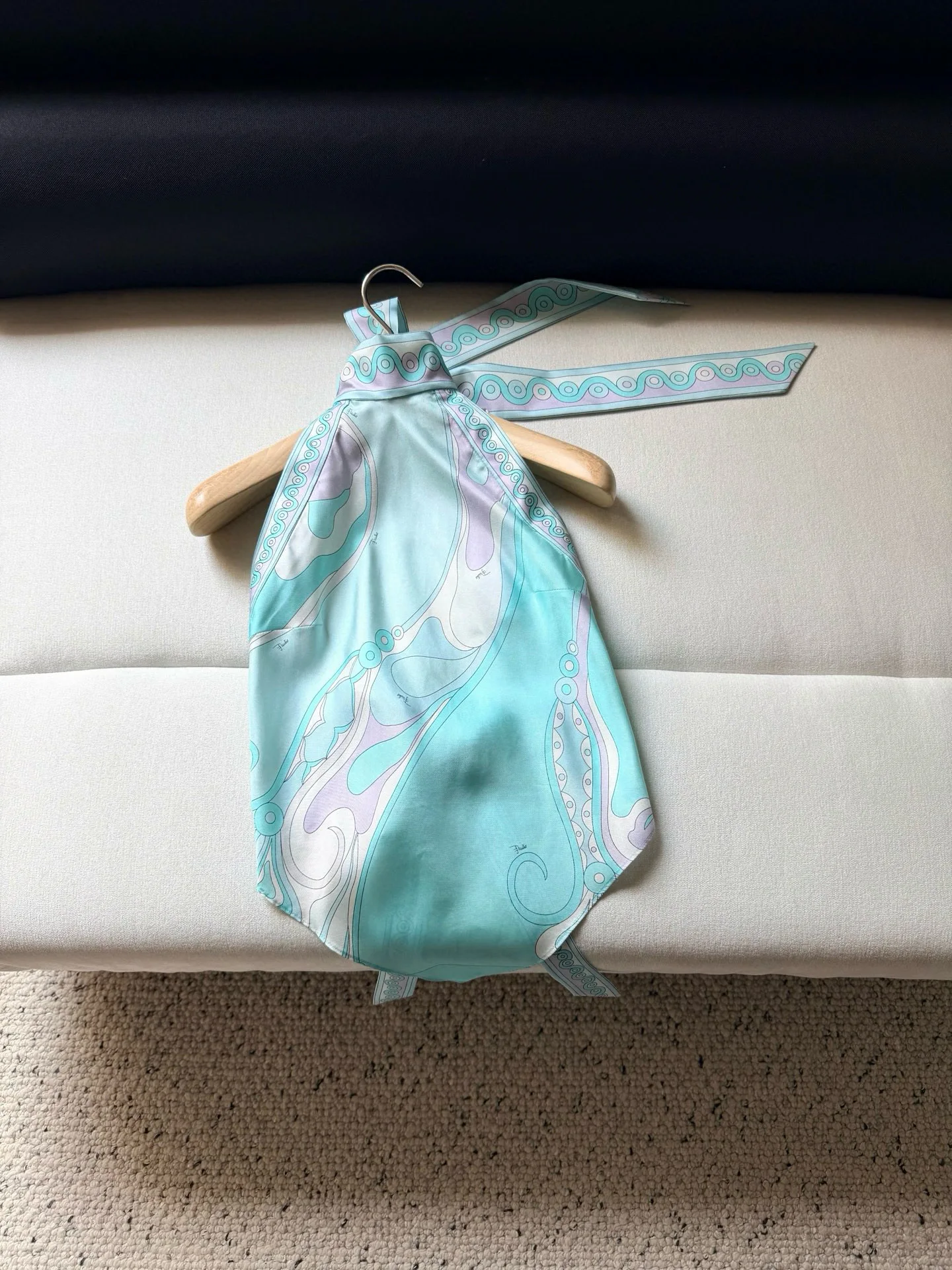 

100% Real Silk Vintage Abstract Print Satin Halter Neck Top Women Turquoise Tie Up Backless Camisole Summer Beach Party Outfit