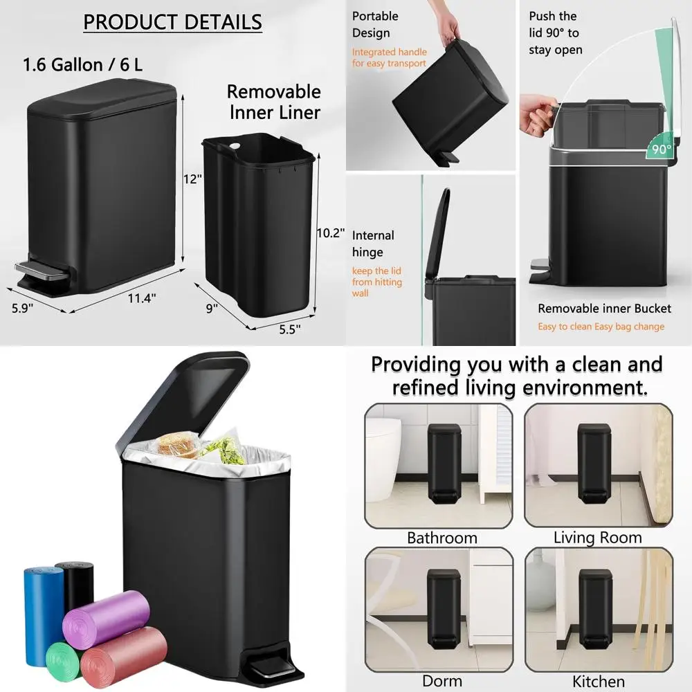 

6L Matt Black Bathroom Trash Bin with Soft-Close Lid, 50 Bags, Foot-Pedal, for Home & Office Use