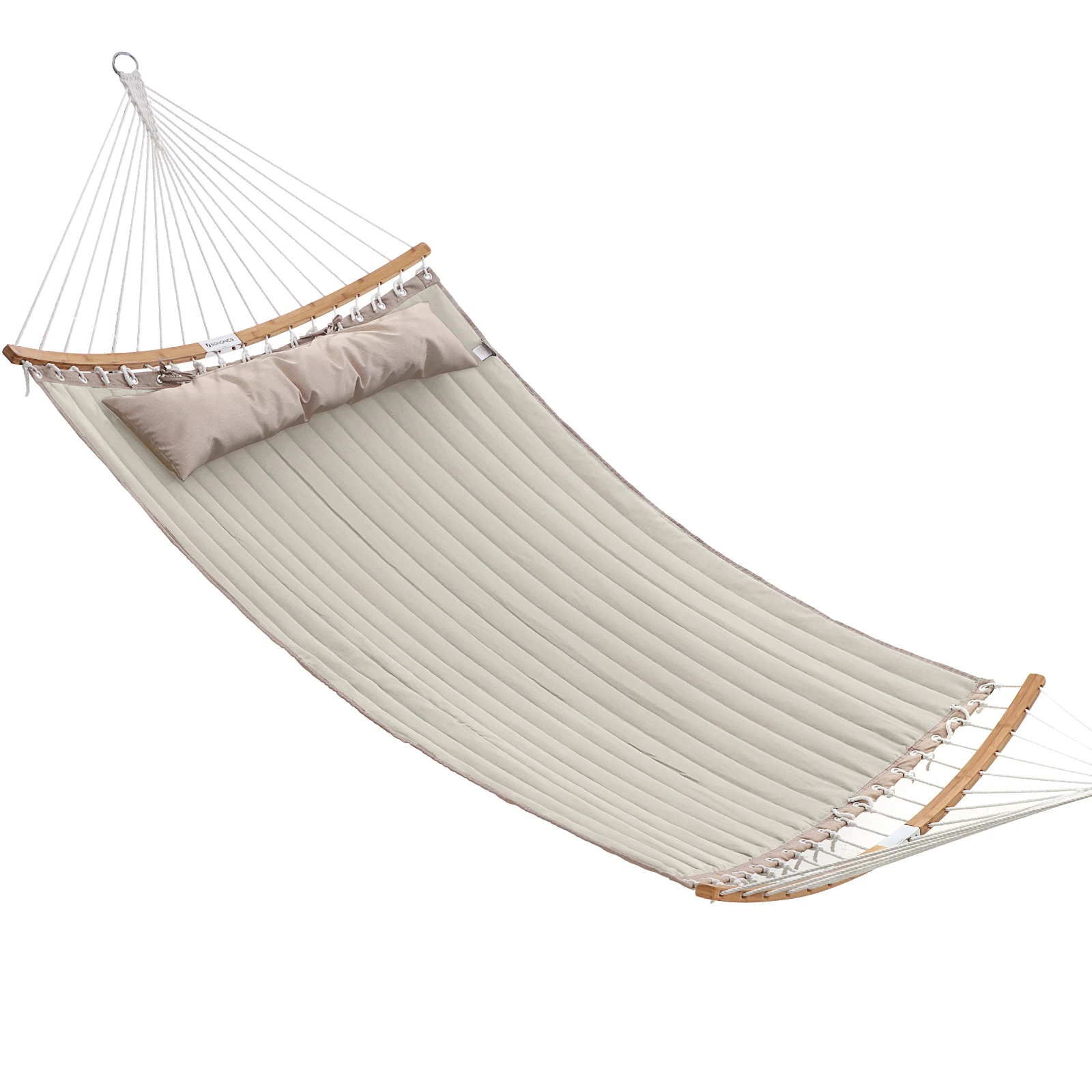 SONGMICS Hamaca Doble Tapizada, Hamaca de Jardín con Barras Curvas de Bambú Separables, Hamaca de Camping con Cojín, 200 x 140 cm, Carga de 225 kg, Blanco / gris