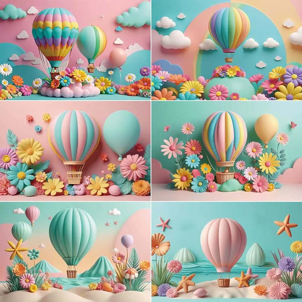 MOON.QG Hot Air Balloons Baby Birthday Backdrop Green Pink Photo Studio Wall Background Customized Child Party Photography Props