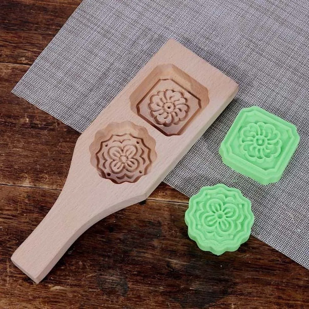 Natural Wood Wooden Mooncake Mold Double Slot Durable Craft Pastry Press Mould Hand Carved Style Eco-Friendly