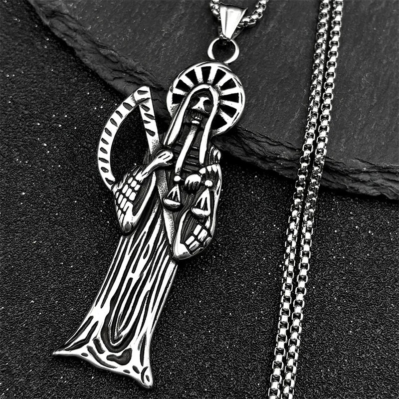 Edelstahl Heiliger Heiliger Tod Santa Muerte Sensenmann Anhänger Halskette Frauen Männer Silber Farbe Vintage Sichel Schädel Schmuck
