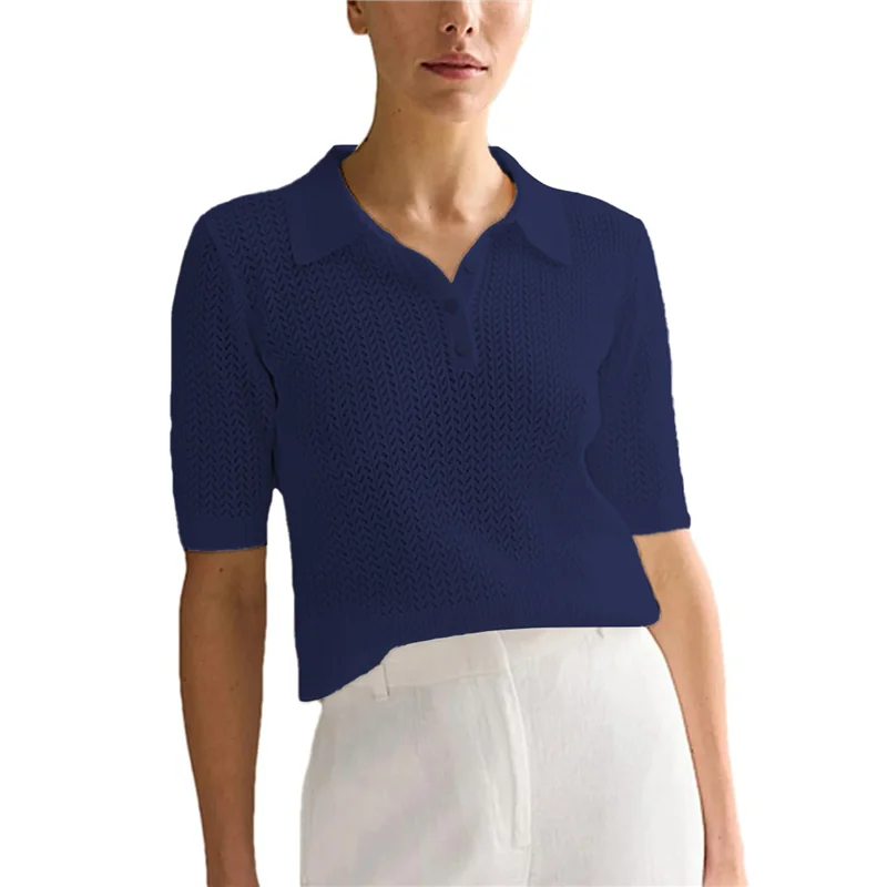 

ABP-Женская полая трикотажная рубашка-поло, повседневная свободная однотонная рубашка с короткими рукавами и лацканами