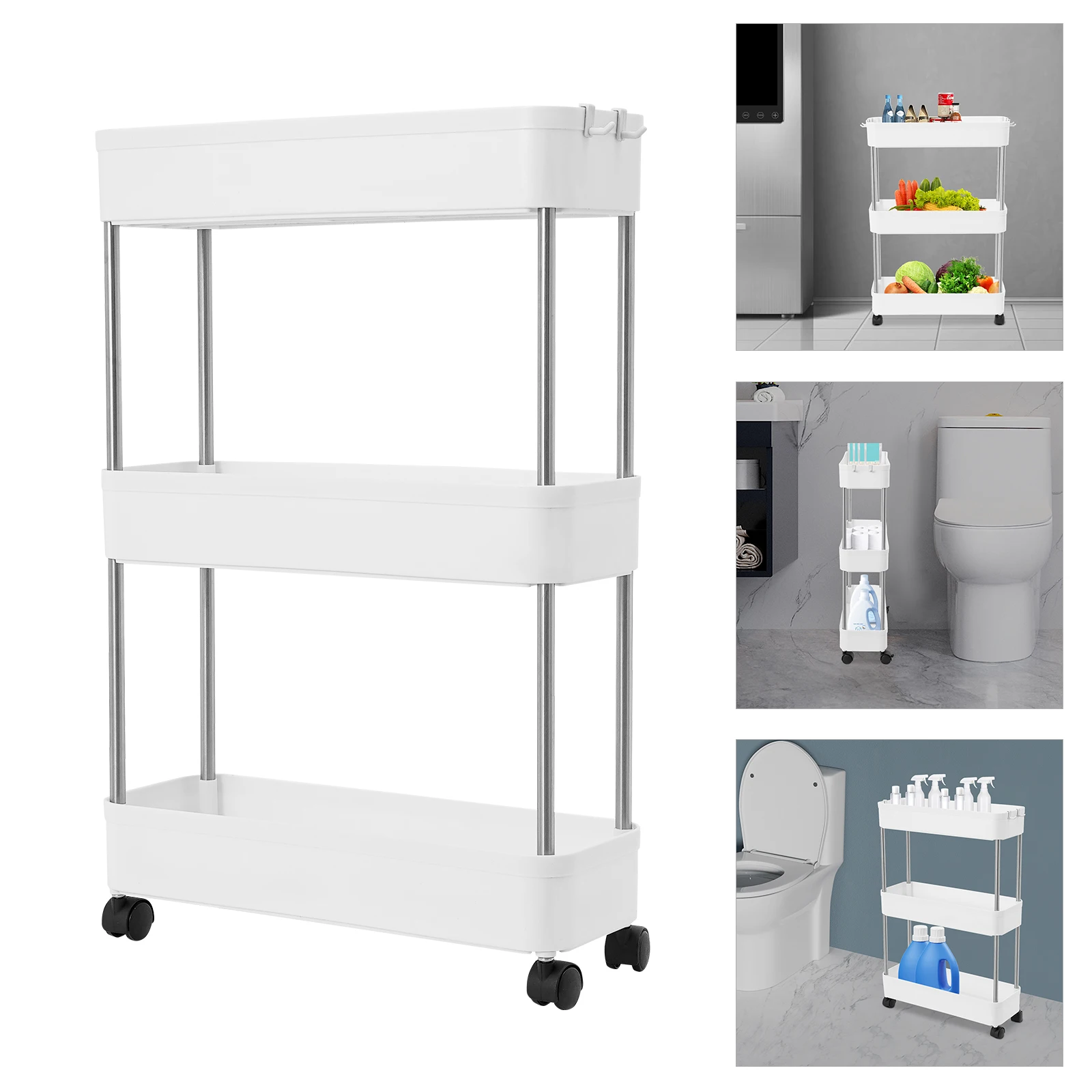 3 Tier Slim Shelf New Kitchen Trolley Wheeled Storage Serving Cart for Home Kitchen Food Utensil Organizing