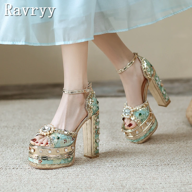 

Luxury Rhinestone Gem Sandals Peep Toe 14Cm High Heel Women Shoes Platform Chunky Heel Embroidery Satin Beaded Sandals