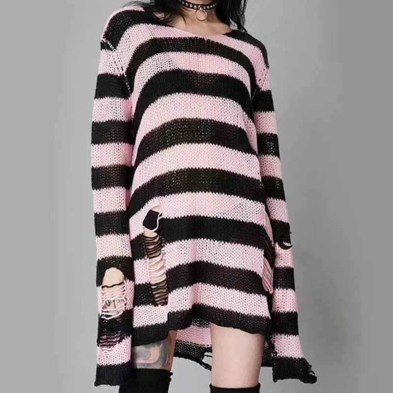 

Women New Punk Gothic Cool Sexy Hollow Out Striped Long Sweaters Hole Broken Jumpers Over Size Loose Rock Dark Pullovers